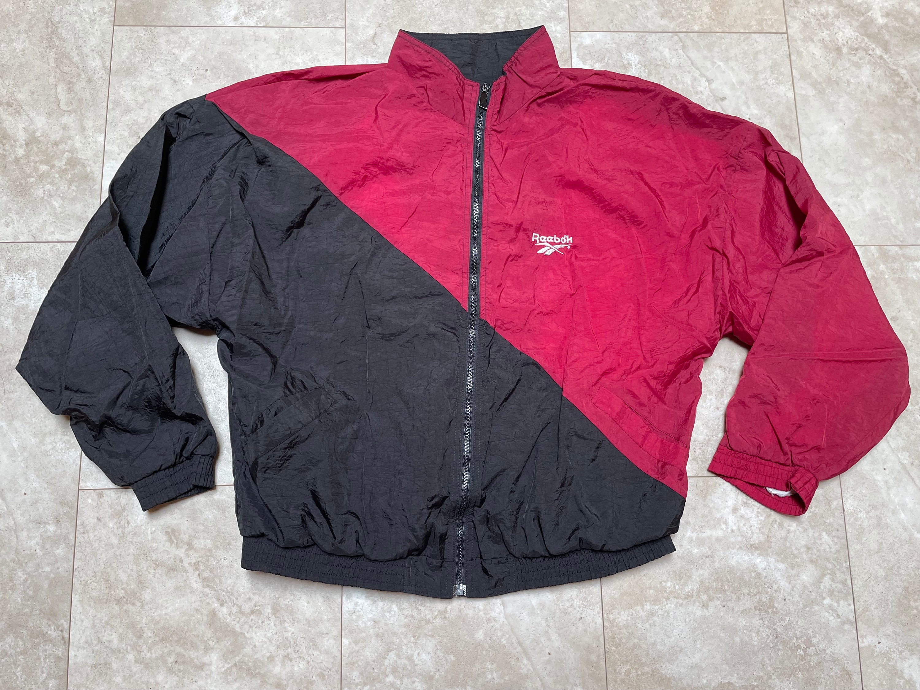 Vintage Reebok Windbreaker Red Black Nylon Bomber Jacket 90's