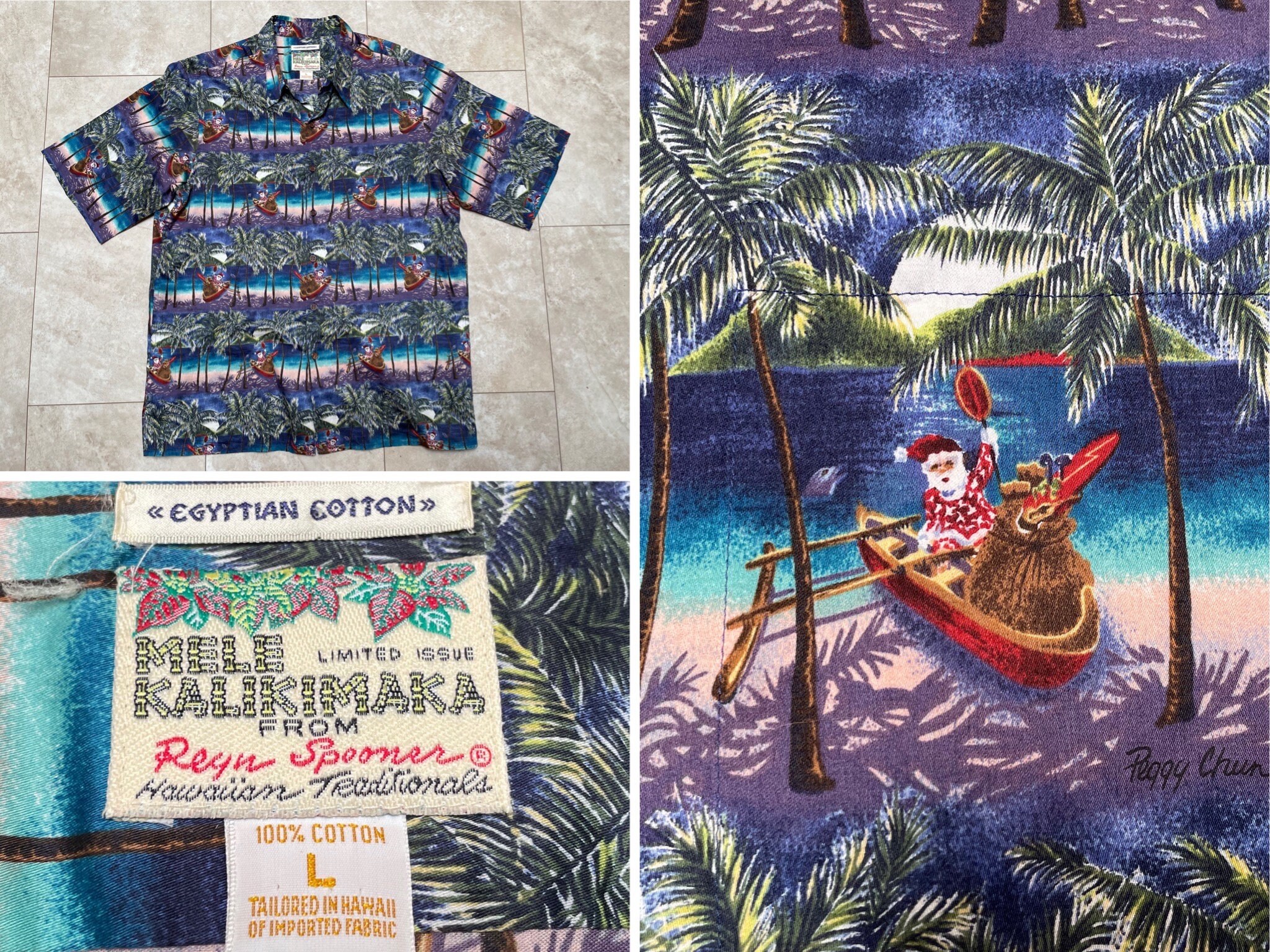Vintage Reyn Spooner Hawaiian Shirt Christmas Blue Peggy Chun 90