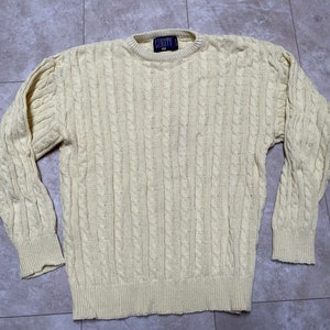 Vintage Liberty Cable Knit Sweater: Yellow Cotton Crewneck, Oversized