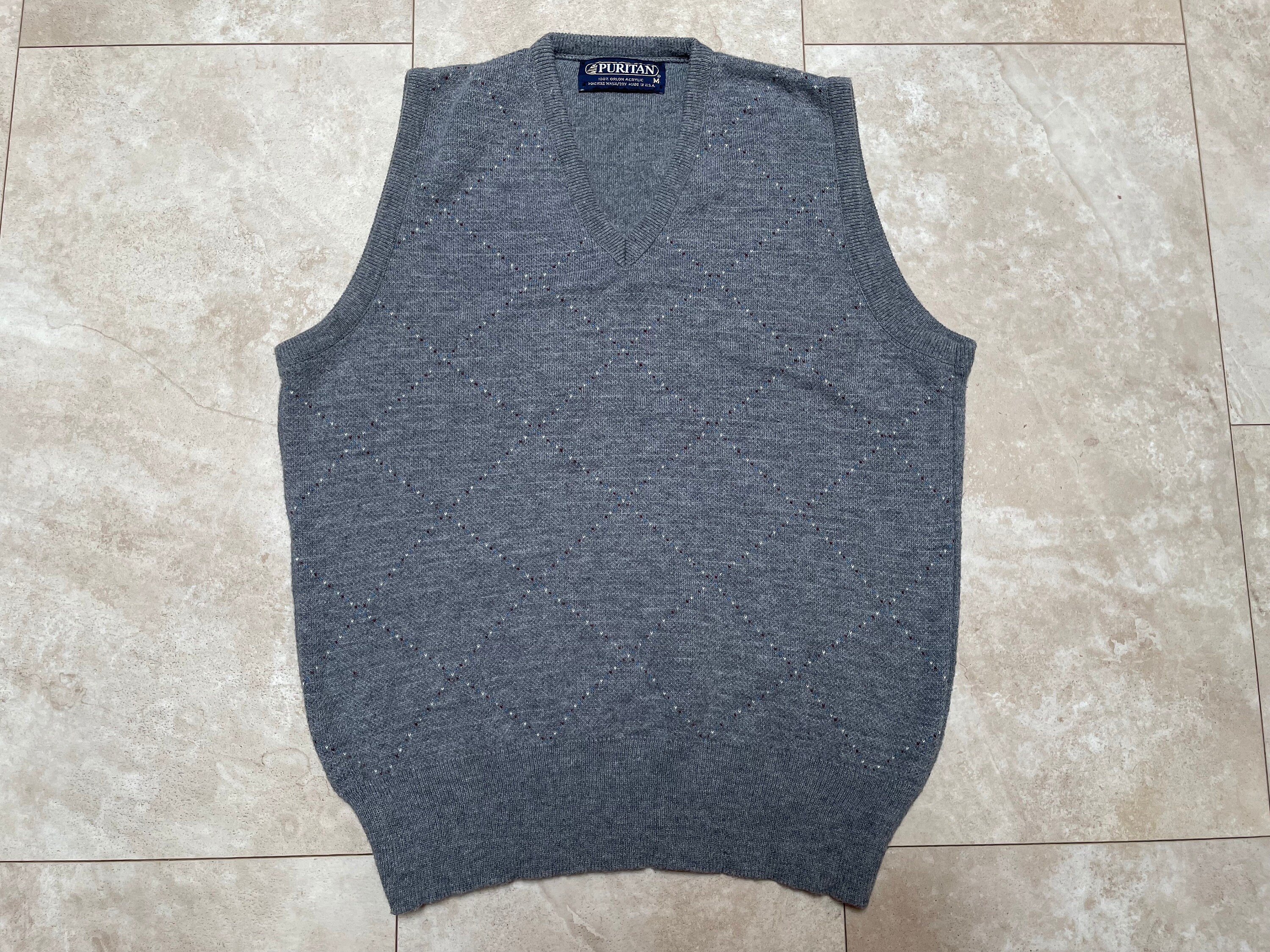 Vintage Puritan Sweater Vest Blue Argyle Knit Vneck 80