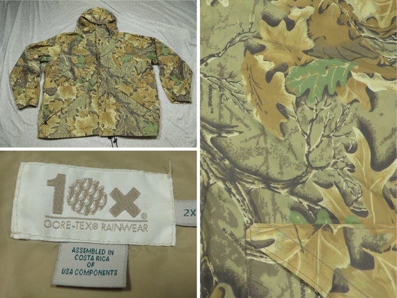 Vintage 10x Jacket Tan Goretex Leaf Forest Camo Windbreaker Hood 90's Men's 2XL XXL
