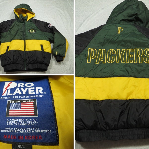 Vintage Packers Puffer Jacket Pro Player Green Bay Black 90's Men's Oversized Large
