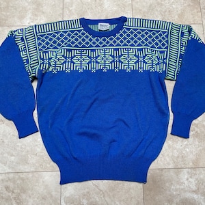 Meister Ski Sweater Vintage Wool Blend Geometric Print Men s Size Small Unisex Psychedelic Funky Bright Print Purple and Blue Colors Etsy