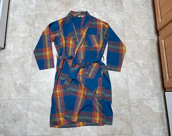 Vintage Robe Plaid Red Blue Yellow 70's Large Made in USA