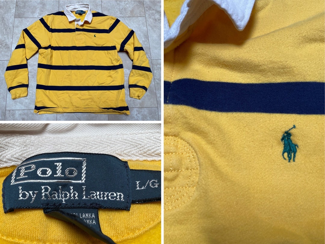 Vintage Polo Rugby Shirt Ralph Lauren Stripe Blue Yellow Long Sleeve