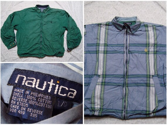 Vintage Nautica Jacket Reversible Plaid Print Green Blue Golf Harrington Windbreaker 90's Men's Oversized Large