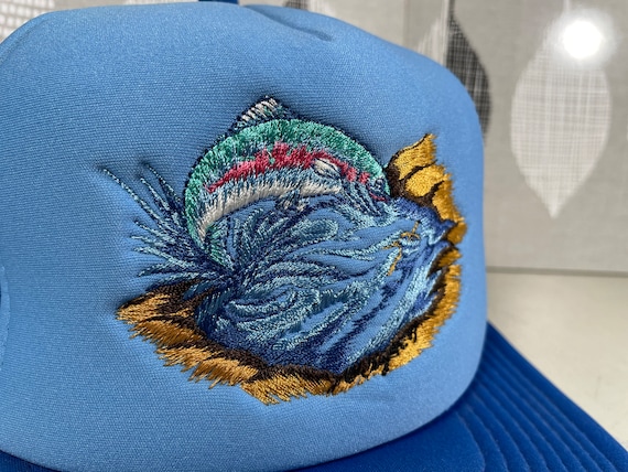 Vintage Fish Trout Hat Blue Fishing Embroidered Trucker Cap Snapback 90's