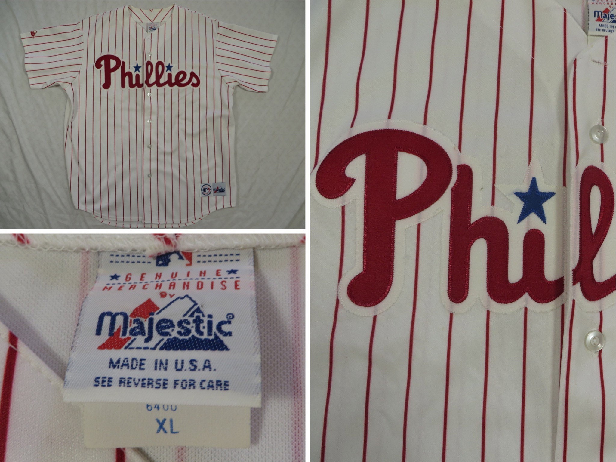 Vintage Phillies Jersey Majestic White Pin Stripe Sewn on 