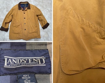 Vintage Lands End Chore Jacket Tan Khaki Corduroy Collar Canvas Pockets Barn Coat 90's Men's XL