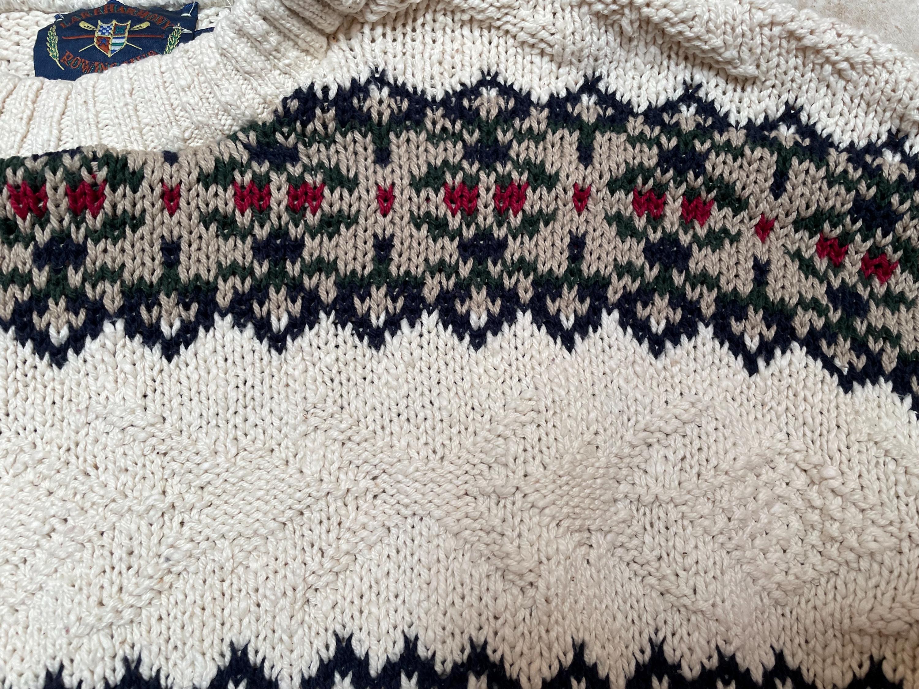 Pull De Noël Vintage Lake Harmony Homme - Taille L - Années 80/90 - Bleu Marine Et Ciel - 100% Coton