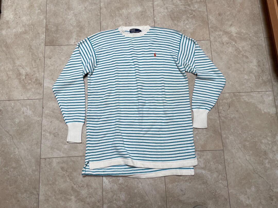Vintage Polo Sweater White Blue Stripe Ralph Lauren Cotton