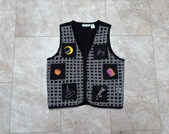 Vintage Halloween Vest: Black Skeleton Moon, Victoria Jones 90s Cotton Medium