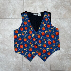 Vintage Halloween Vest: Pumpkins, Moons, Stars Print, Basic Edition Large