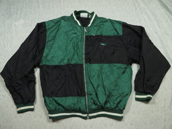 Vintage Reebok Windbreaker Green Black Nylon Bomber Jacket 90 s