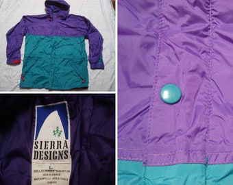 Vintage Sierra Designs Jacket Mountain Parka Purple Green Pockets Waterproof Windbreaker Rain 90's Men's Large