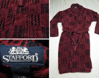 Vintage Stafford Robe Red Black Print Terry Cloth Bath Plush 90's Large XL