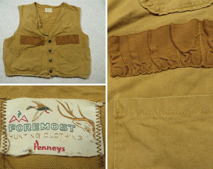 Vintage Penneys Foremost Vest Hunting Tan Khaki Zip up Pockets 60's Men