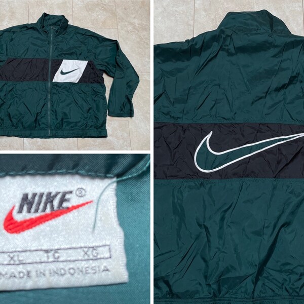 Vintage Nike Windbreaker Green White Black Big Swoosh Logo Jacket 90's Men's XL