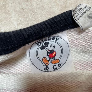 May include: White and pink striped sweatshirt with a black and white ringer neckline. The sweatshirt has a white circular patch with the text "Mickey & Co." and a cartoon image of Mickey Mouse.