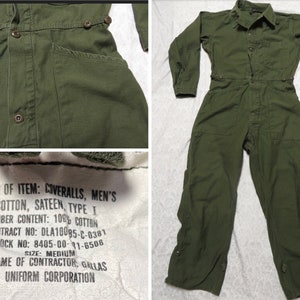 Vintage Sateen Jump Suit 80’s Vietnam Era Coveralls Military Issue Olive Green Medium Made in USA