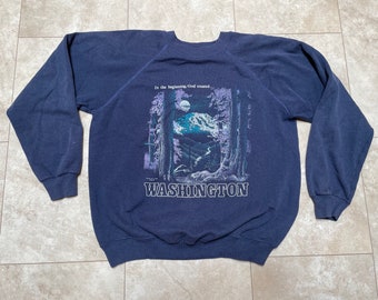 Vintage Washington Sweatshirt In the Beginning God Created Blue Crewneck 90's Large Made in USA