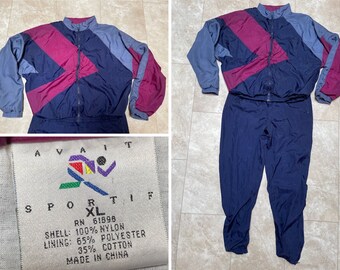 Vintage Avait Sportif Trainingsanzug Blau Lila Jacke Hose Sweat 90er Herren XL