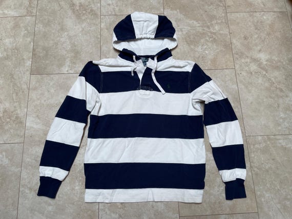 Vintage Polo Rugby Hoodie Ralph Lauren Stripe Blue White Y2K 2000 s Men s Medium Etsy Ireland