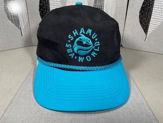 Vintage Shamu Sea World Hat Black Neon Blue Dad H… - image 1