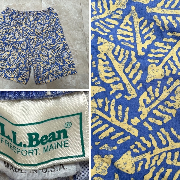 Vintage LL Bean Shorts Yellow Blue Leaf Print Cotton 90’s 8 inch Inseam Men’s Medium Made in USA