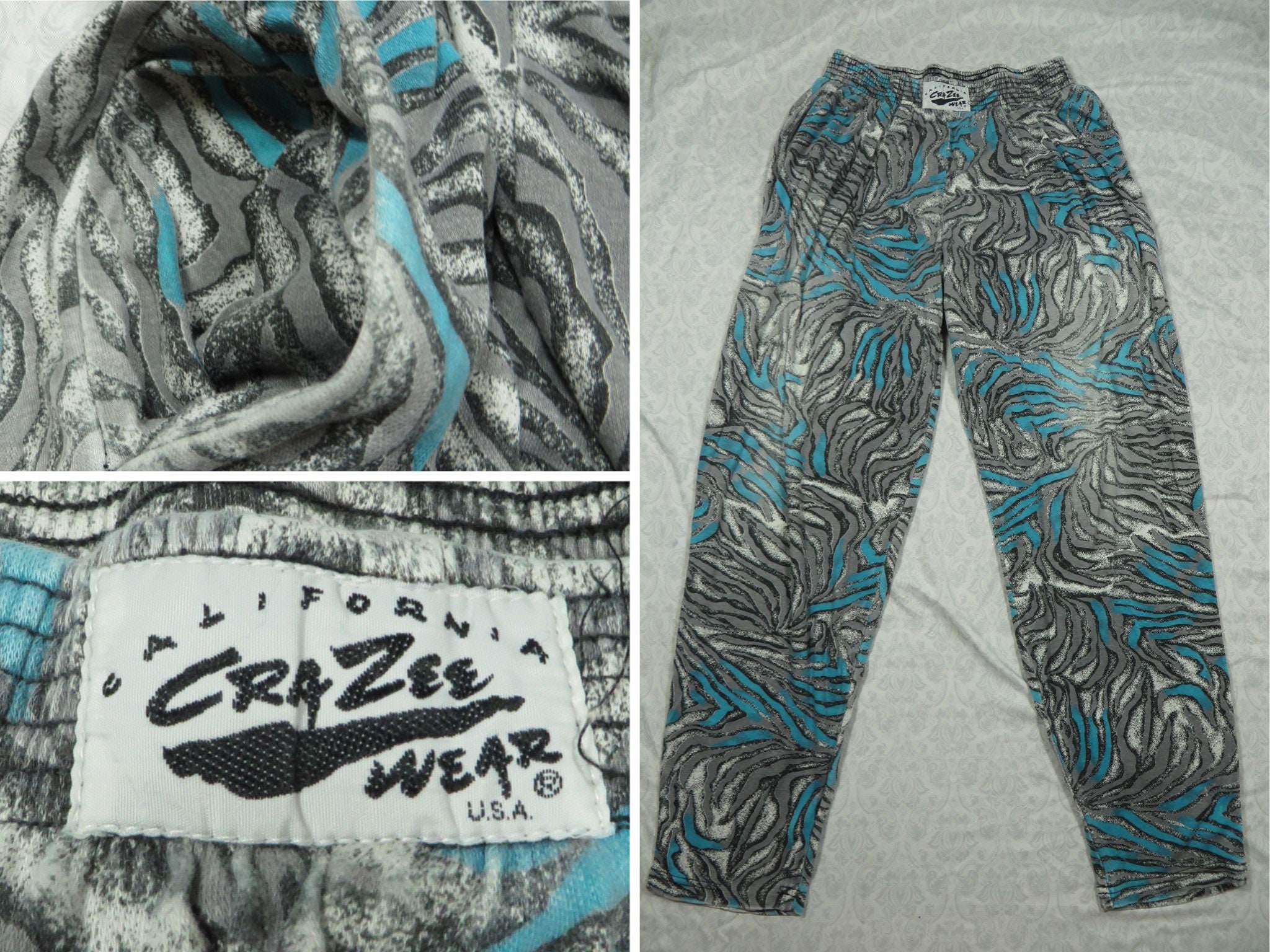 Vintage California Crazee Wear Pants Blue White Tiger Stripes Gym Stretch  90's Men's Medium 