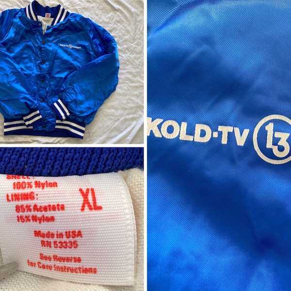 Vintage Satin Jacket Blue Tucson KOLD Channel 13 80's Men's XL Made in USA