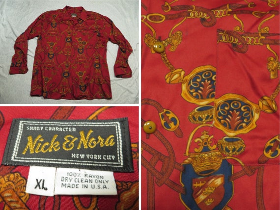 Vintage Nick Nora Pajama Shirt Red Gold Nirvana Button Down 90 s