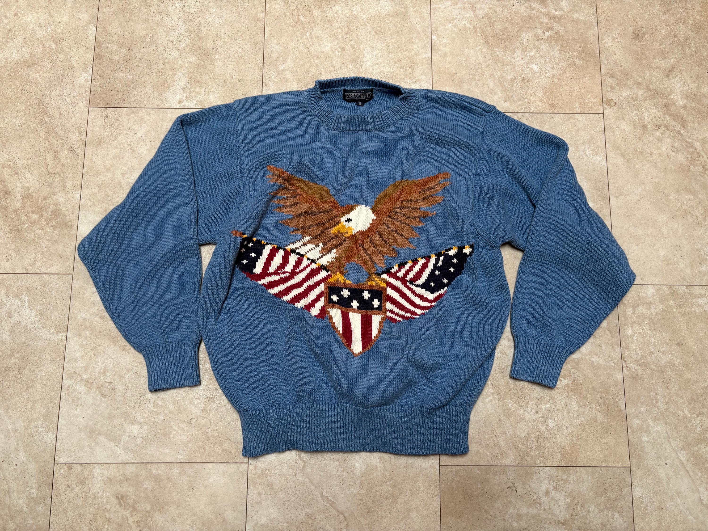 Vintage Lands End Sweater Blue Eagle Drum America Cotton