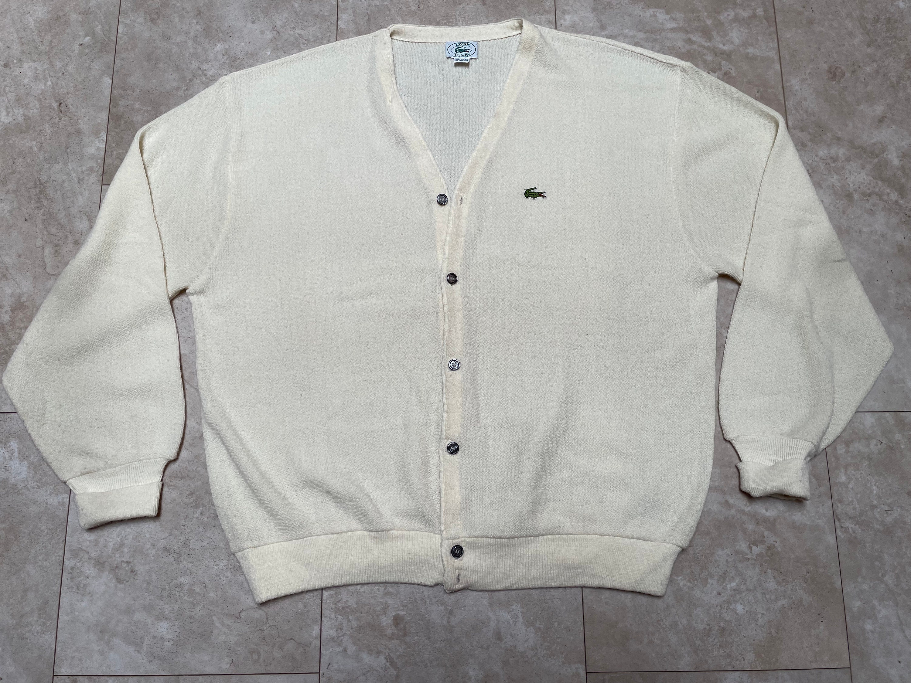 Vintage Lacoste Sweater Cardigan White Knit Acrylic 80