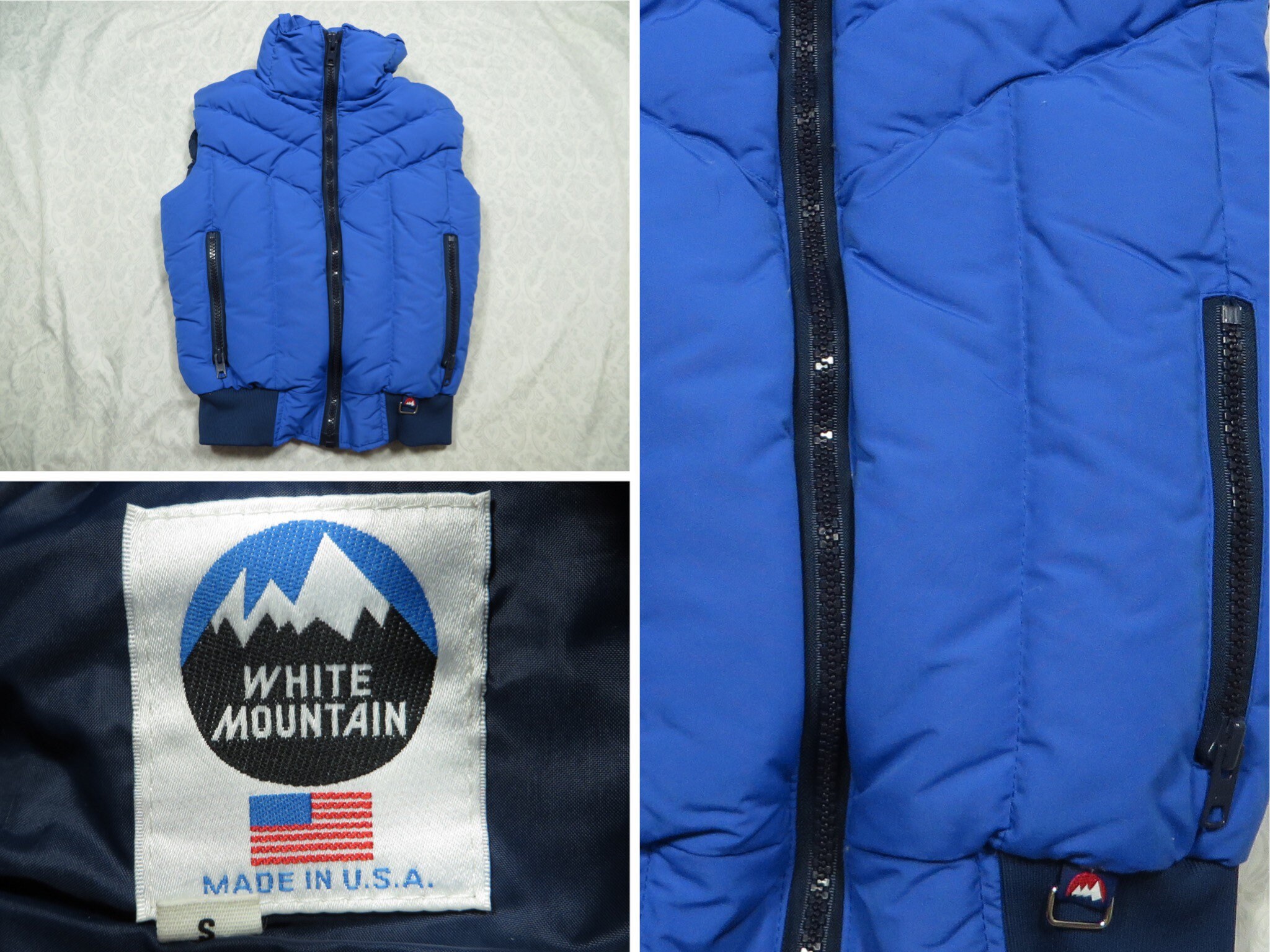 Vintage White Mountain Vest Blue Puffer Nylon Down Zip Up 80 s Small Made in USA