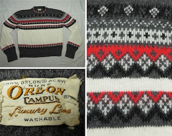 Suéter de Navidad Vintage Campus Orlon Rojo Blanco Fair Isle 60's Men's Large