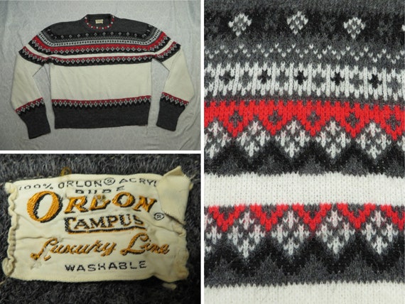 Vintage Christmas Sweater Campus Orlon Red White … - image 1