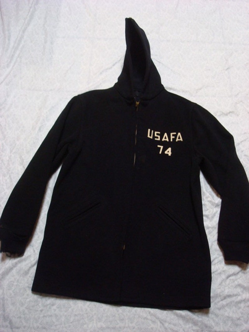 Vintage Men/'s 60/'s Parka Cadet/'s Air Force Academy USAFA 1974 Military Jacket Black Hood Sewn Letters Distressed Medium Long Made in USA
