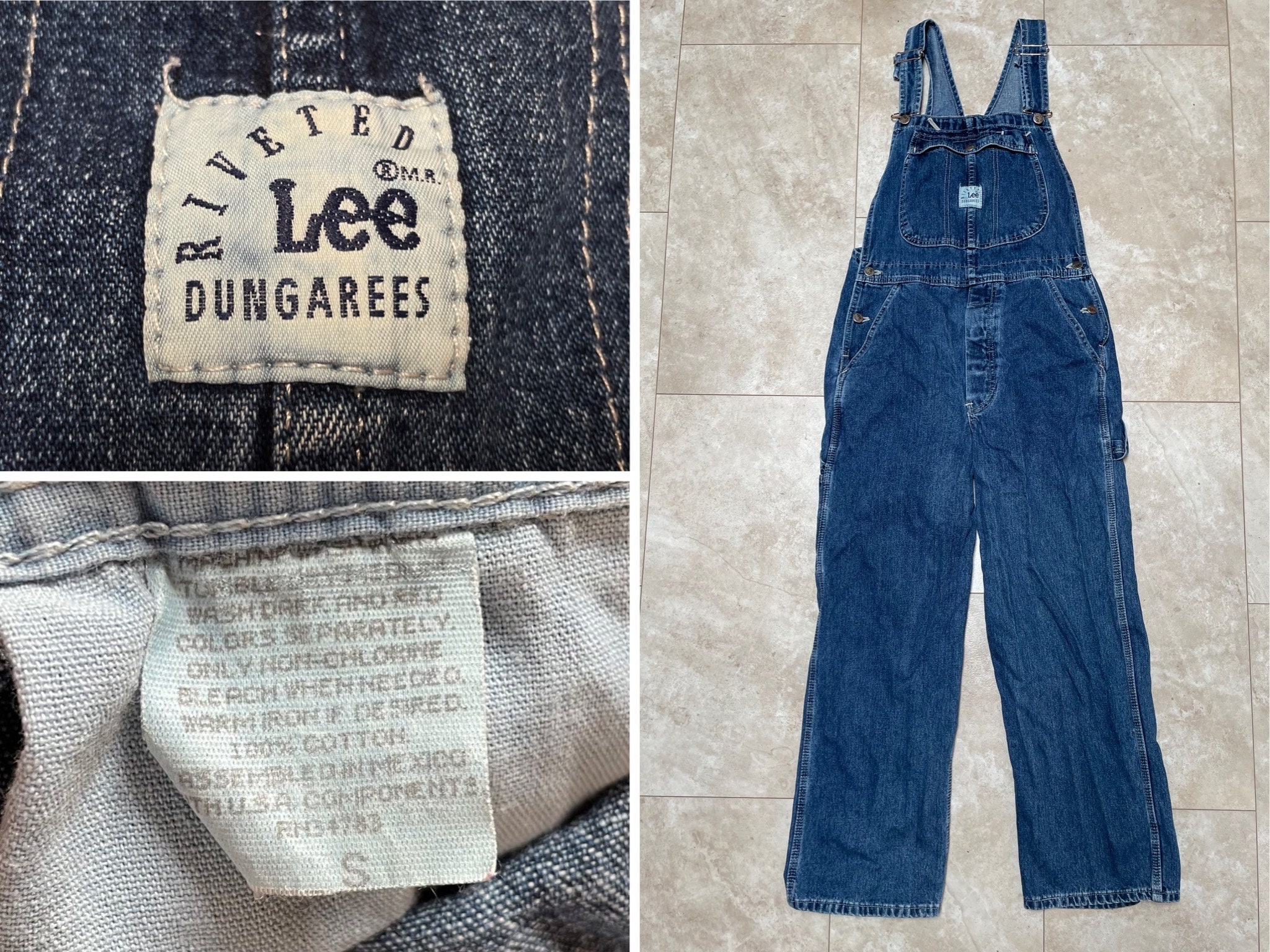 Vintage Lee Overalls Riveted Jeans Blue Denim Actual Size 32