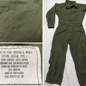 Vintage Sateen Jump Suit 80’s Vietnam Era Coveralls Military Issue Olive Green Medium Made in USA
