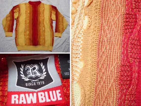 Vintage Raw Blue Sweater Coogi Inspired Red Orange