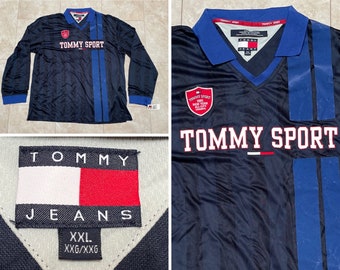 Maillot de football Tommy Sport vintage bleu à manches longues pour cadavres d'animaux, étiquettes des années 2000 pour hommes XXL