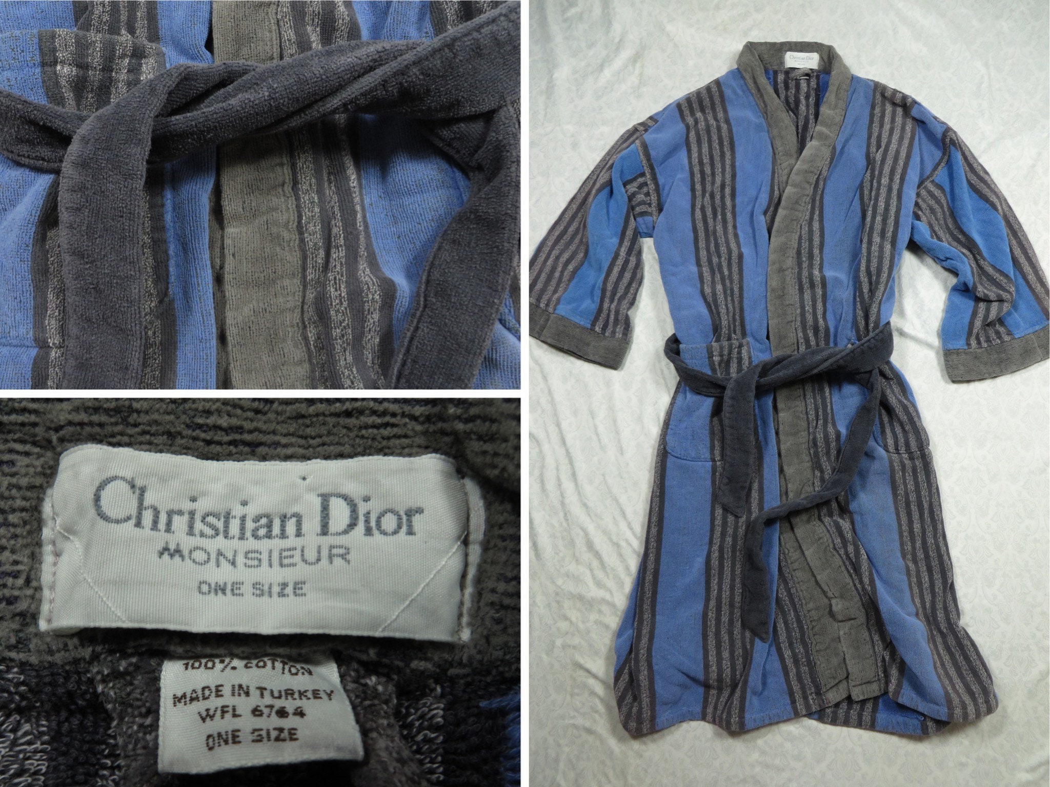 Christian Dior Monsieur Mens Bathrobe Blue White Stripe 100