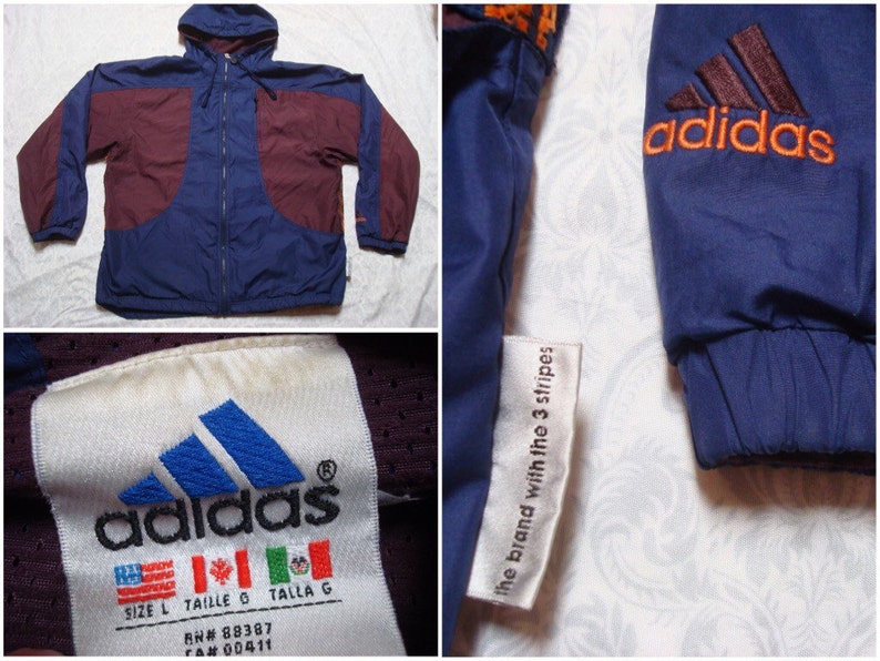 Vintage Herren 90 Adidas Jacke Blau Orange kastanienbraun drei Streifen Kapuze durchgehender Reißverschluss Windbreaker Nylonjacke große Vintage Herren 90 Adidas Jacke Blau Orange kastanienbraun drei Streifen Kapuze durchgehender Reißverschluss Windbreaker Nylonjacke große