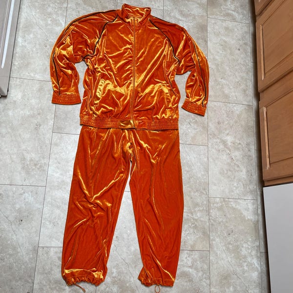 Vintage Sheng Tong Track Suit Velour Orange Gold Jacket Pants Sweat Suit Wide Leg Baggy Y2K 2000's Men's XXL