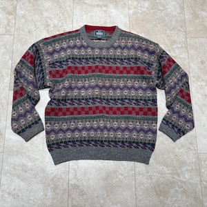 Vintage Woolrich Sweater Grey Fair Isle Print Wool Knit 90&#39;s Men&#39;s Oversized Large