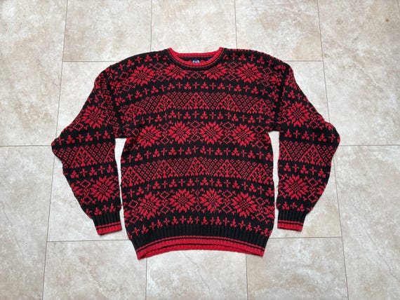 トップス 90's OLD GAP red sweater Vintage Gap Sweater Red Black Fair Isle Print Christmas Cotton