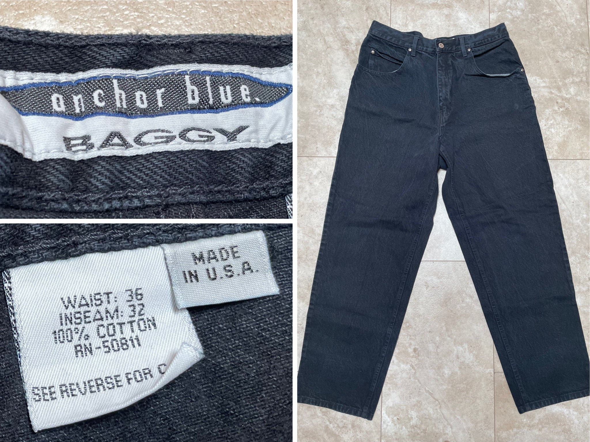 Vintage Anchor Blue Jeans Baggy Y2K Wide Leg Black Denim Actual