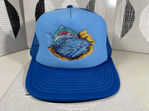 Vintage Fish Trout Hat Blue Fishing Embroidered Trucker Cap Snapback 90s 