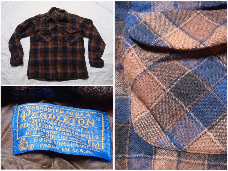 Vintage Men/'s 60/'s Pendleton Shirt Brown Blue Black Plaid Loop Collar Pure Virgin Wool Long Sleeve Buttonup Medium Made in USA